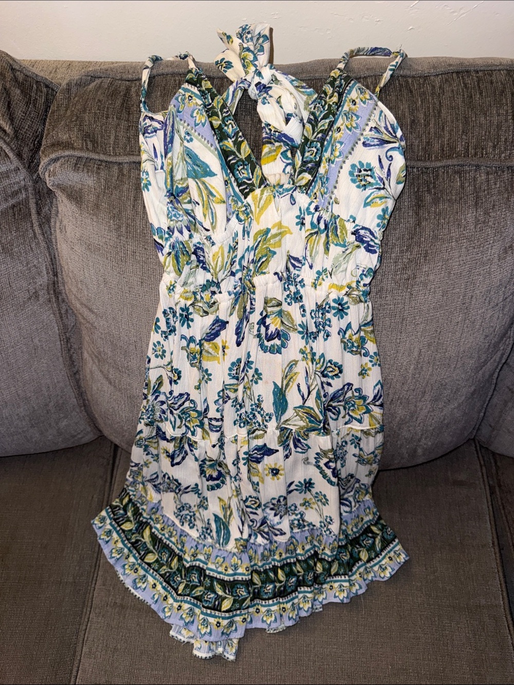 Angie White Floral Sundress with Blue and Green Accents